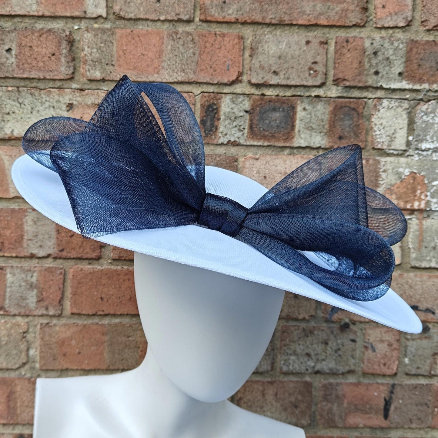 white dark navy large fascinator wedding hat handmade hatinator Ascot bow