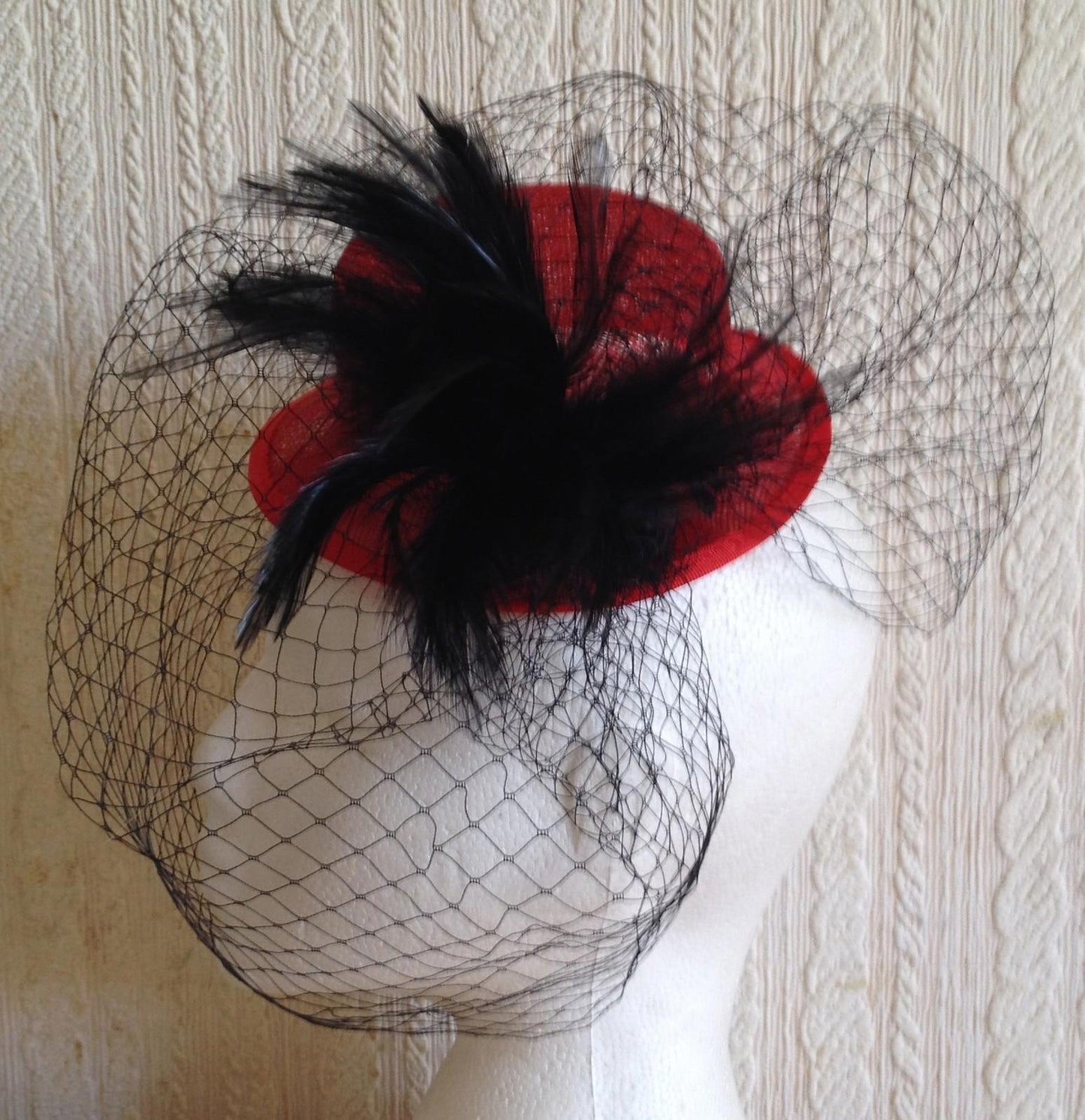 black veiling feather red sinamay mini top hat fascinator millinery wedding