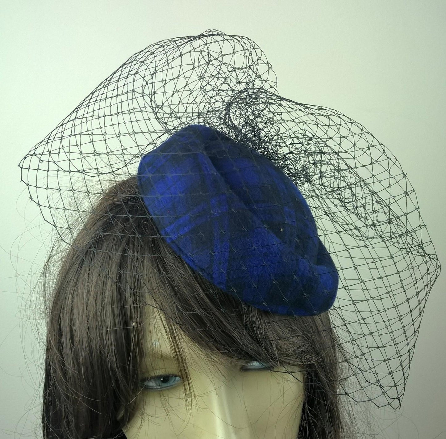 royal blue felt mini pill box hat black veiling french veil fascinator wedding
