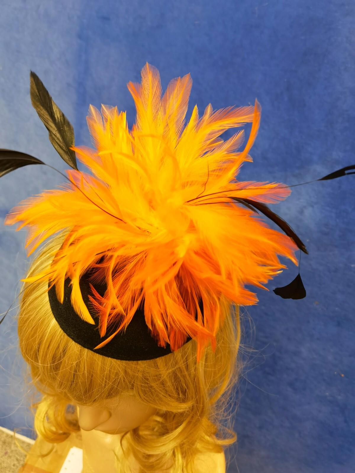 Orange black feather flower felt mini pill box hat veiling veil fascinator