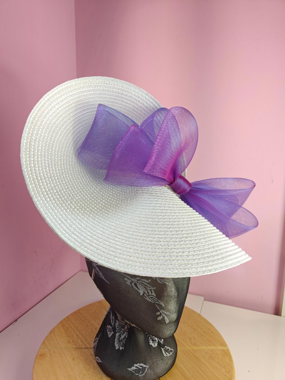 white purple large straw fascinator wedding hat Kentucky Derby Royal Ascot