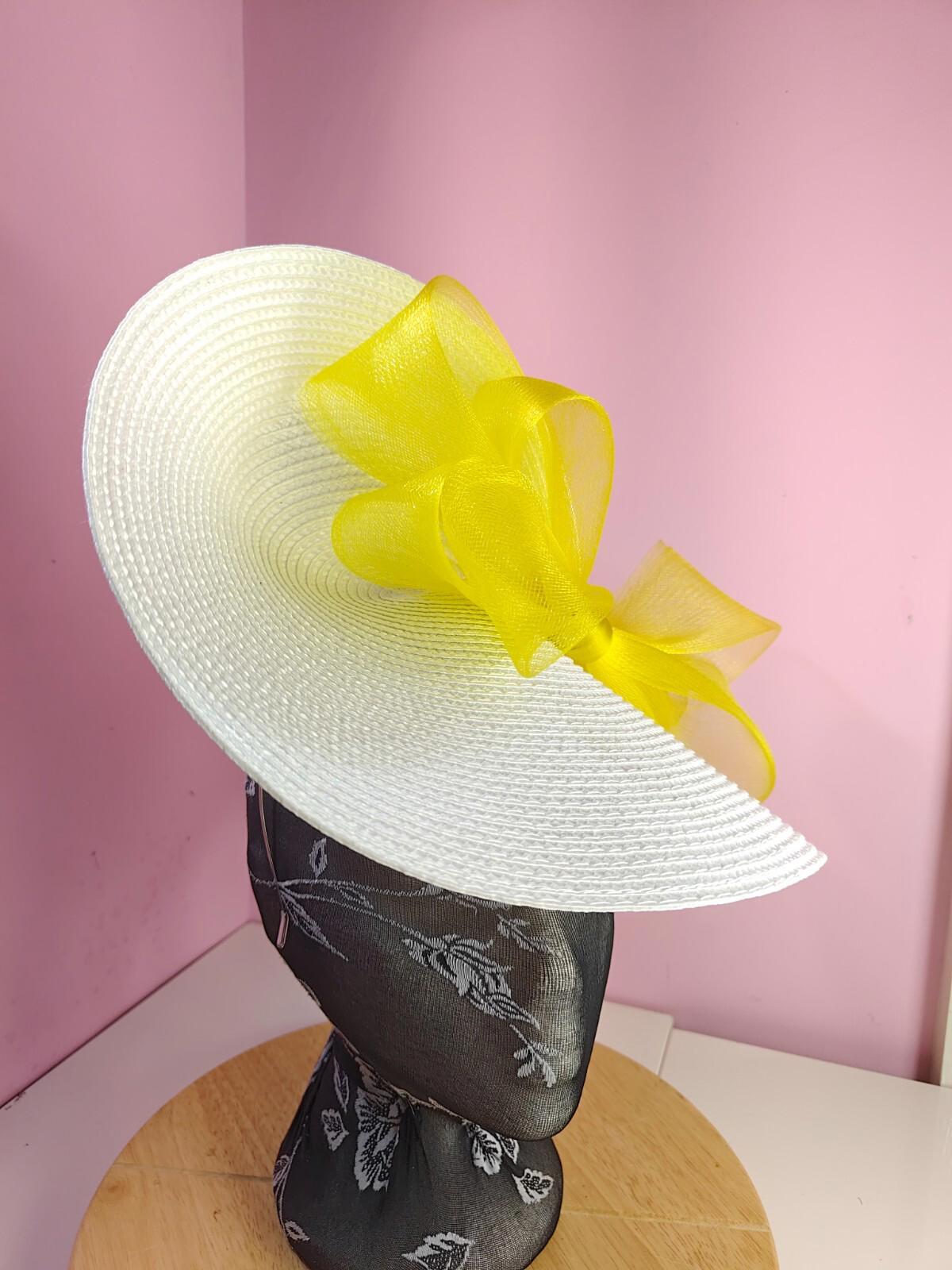 white yellow large straw fascinator wedding hat Kentucky Derby Royal Ascot