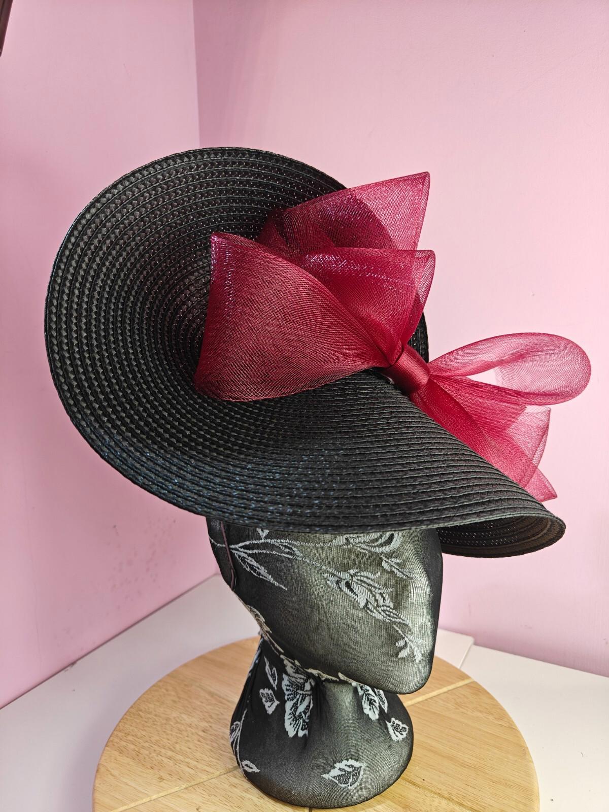 black dark red large straw fascinator wedding hat Kentucky Derby Royal Ascot