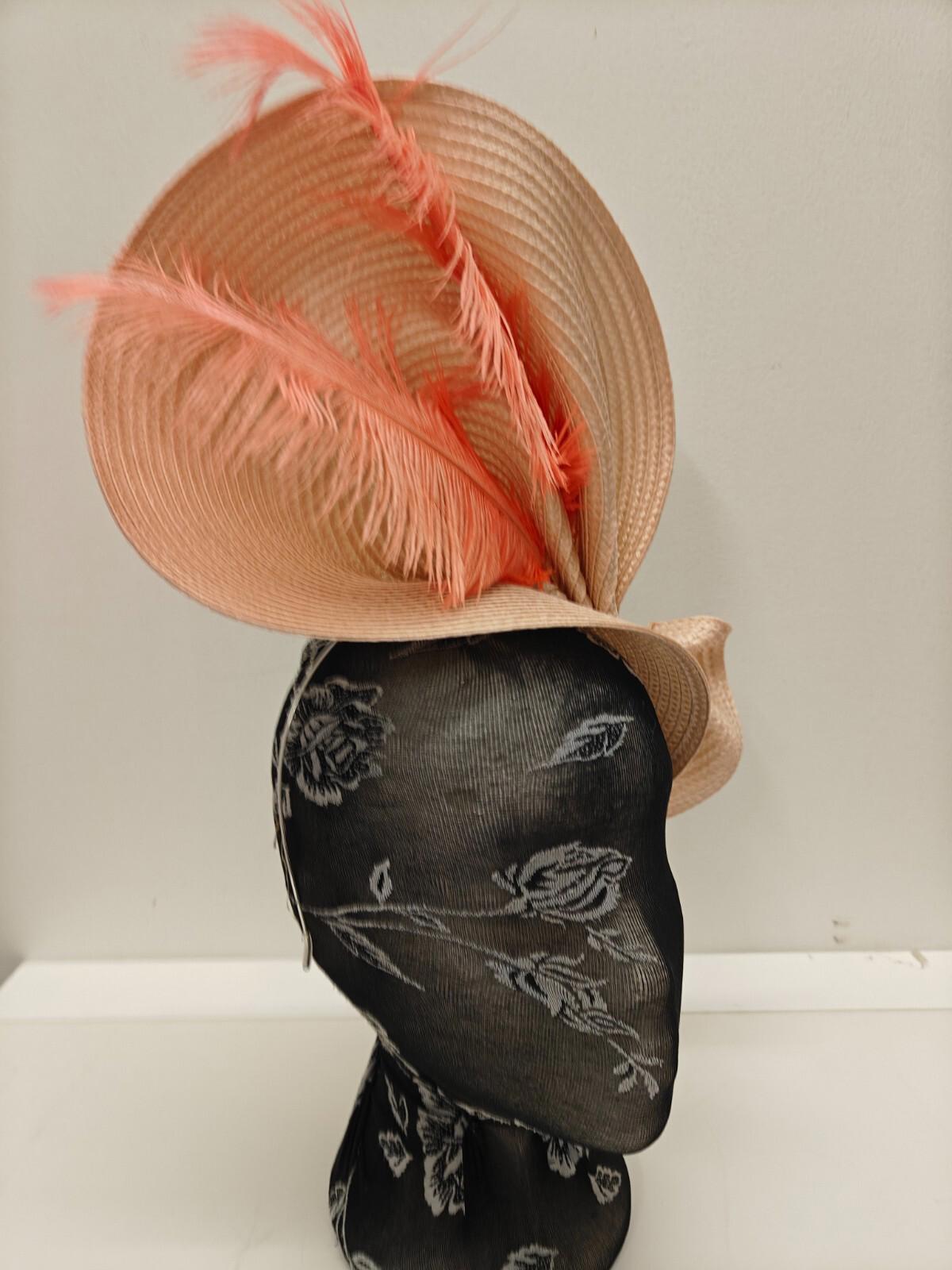 peach large straw fascinator ostrich feather millinery headband wedding hat