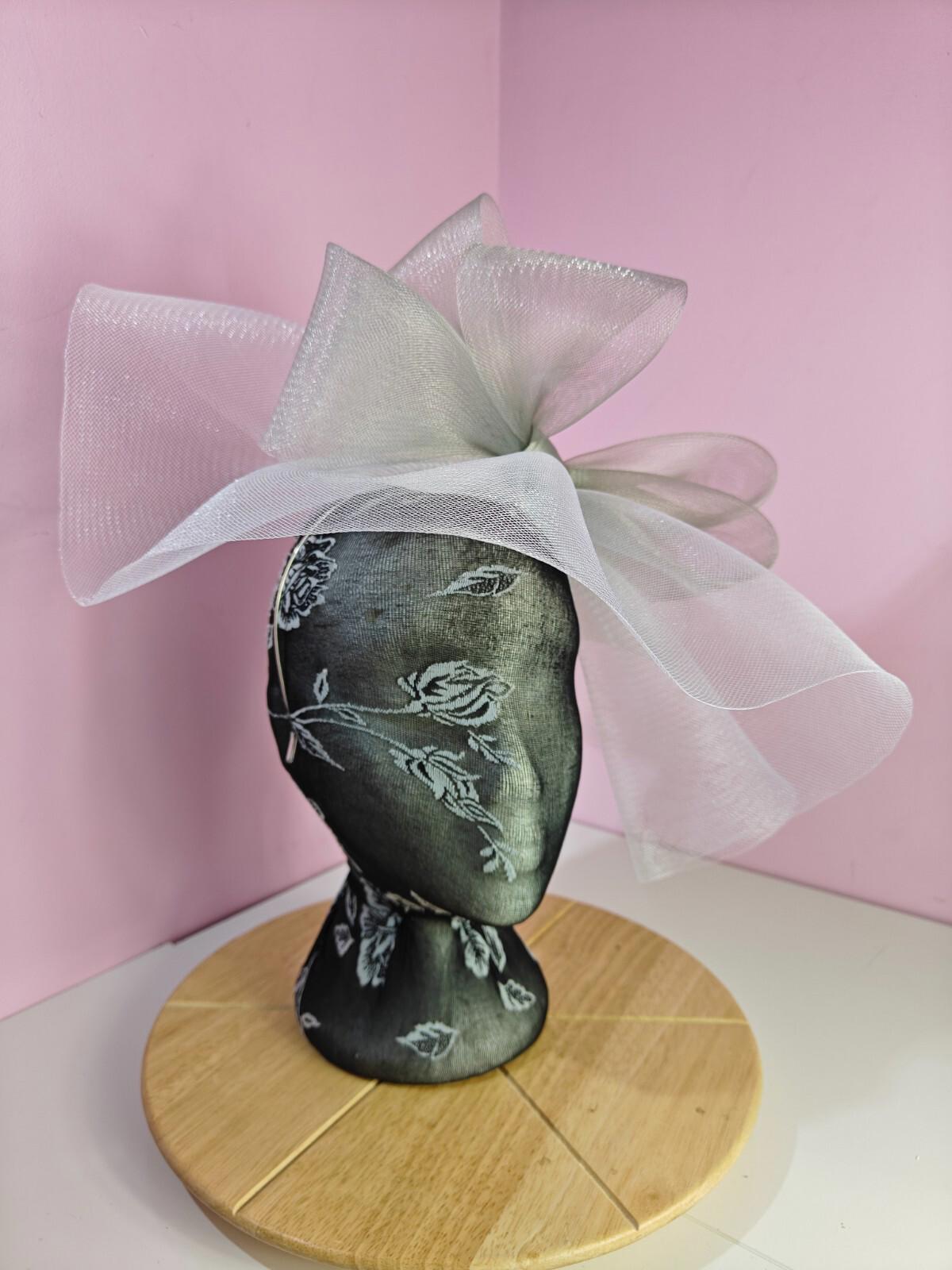 white grey fascinator millinery headband derby wedding hat ascot race