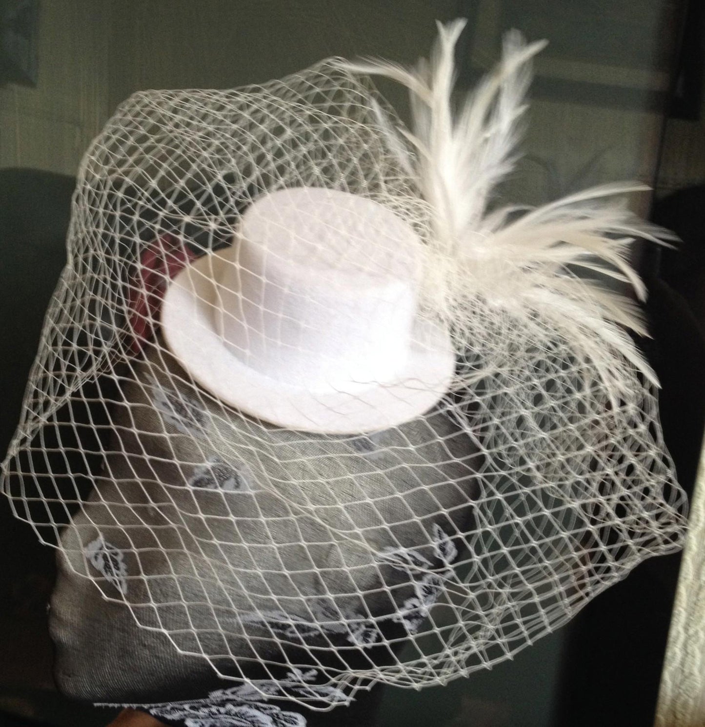white veiling feather white mini top hat fascinator millinery burlesque wedding