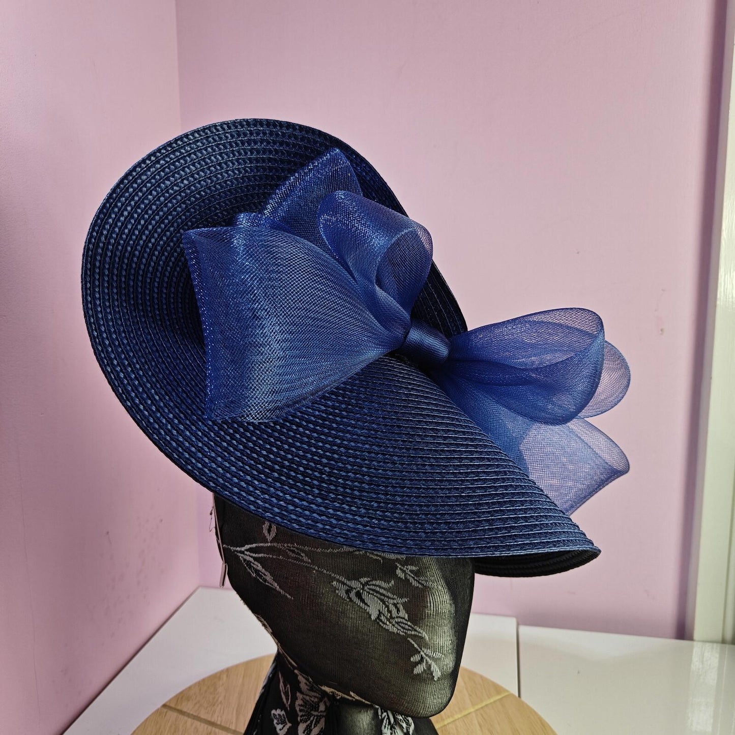 dark blue large straw fascinator wedding hat Kentucky Derby Royal Ascot