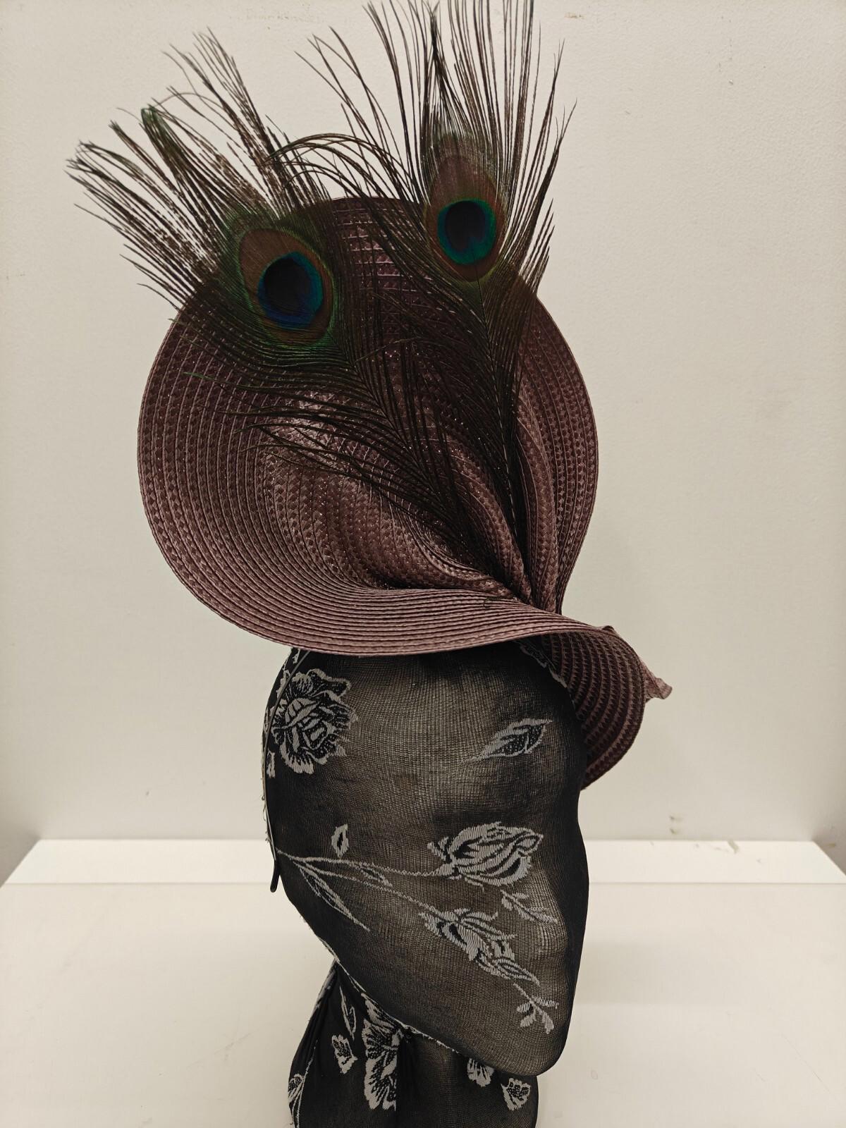 beige large straw fascinator peacock feather millinery headband wedding hat