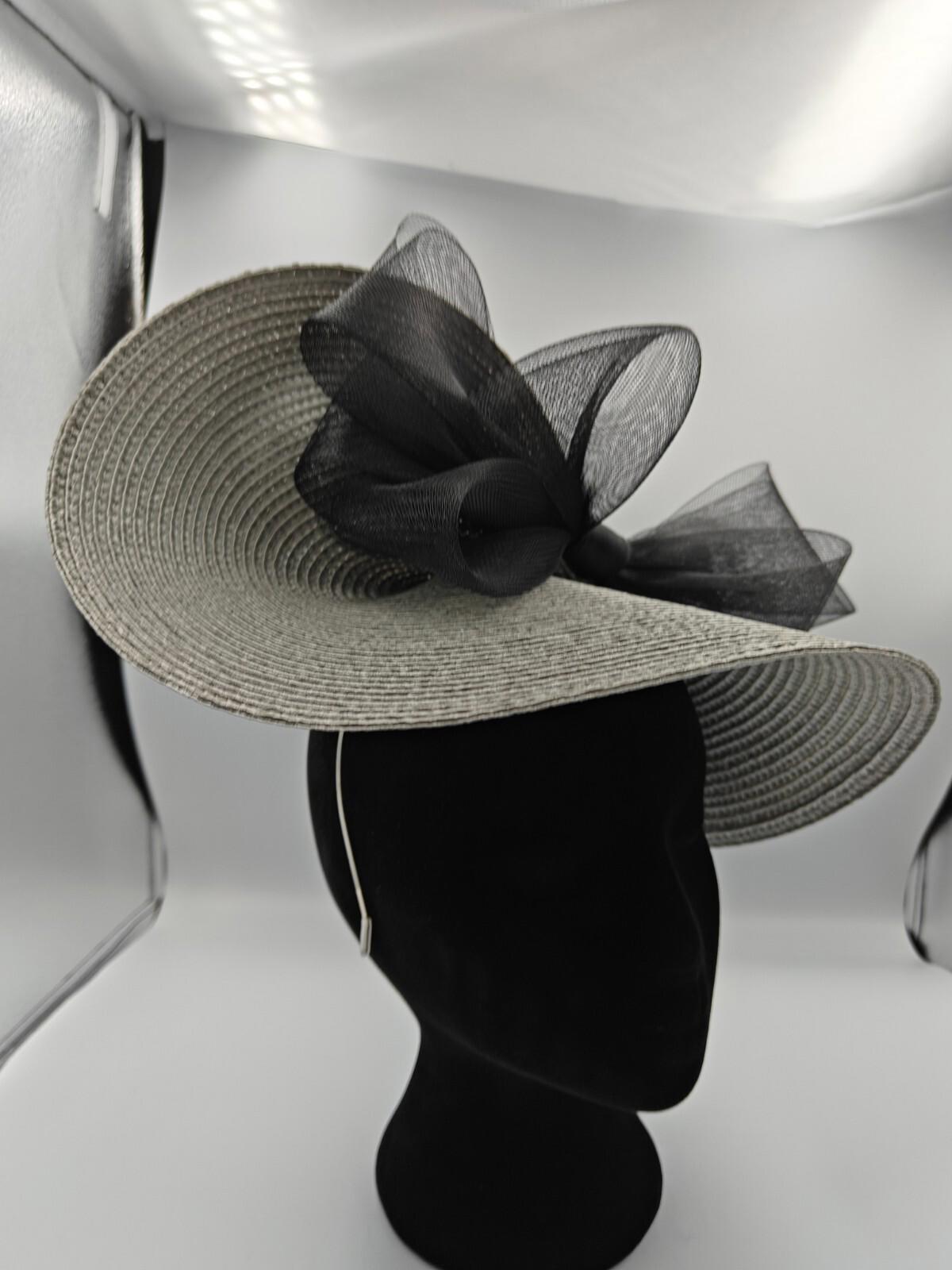 silver grey black bow straw fascinator millinery burlesque headband wedding hat