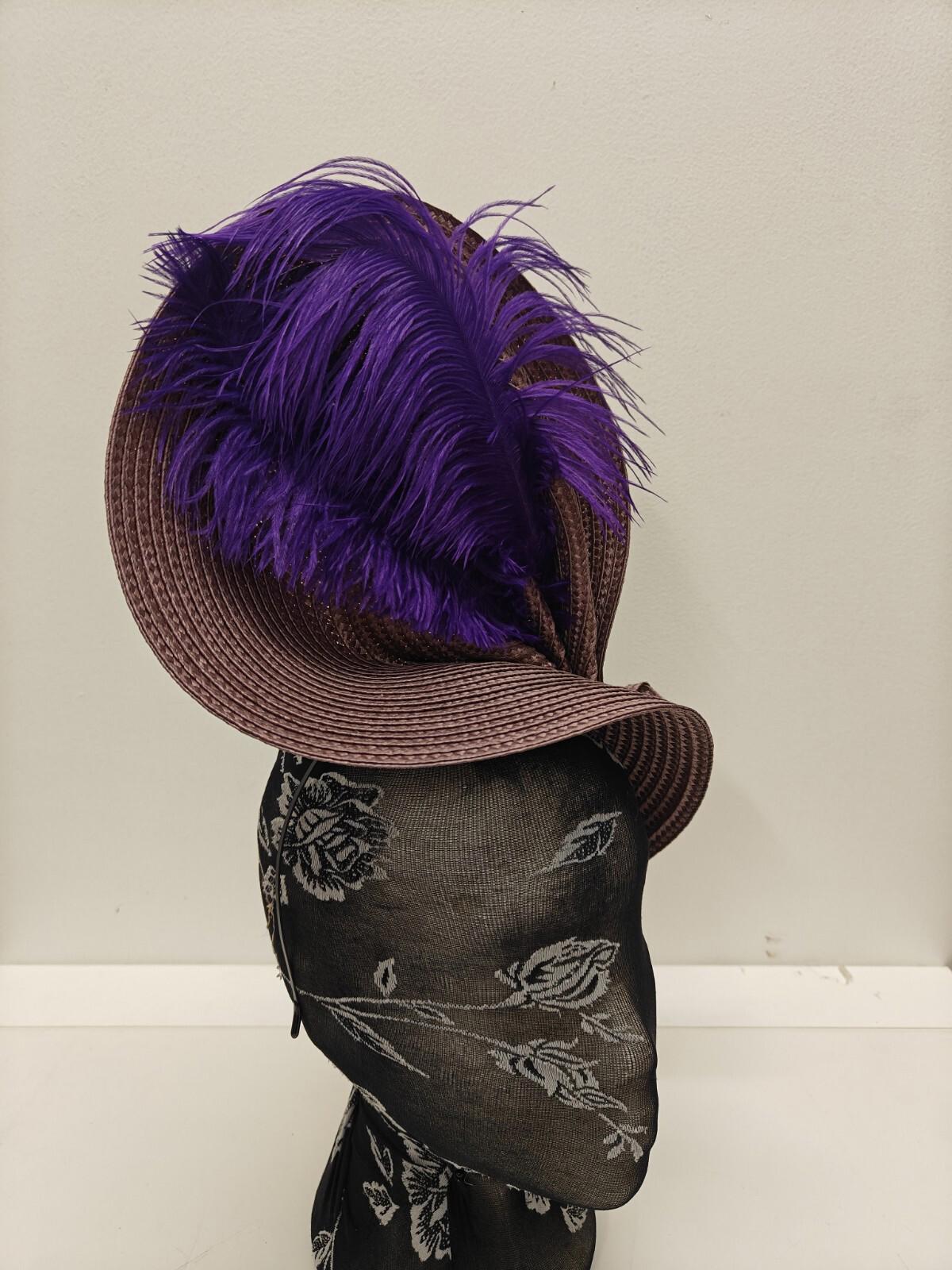 purple large straw fascinator ostrich feather millinery headband wedding hat