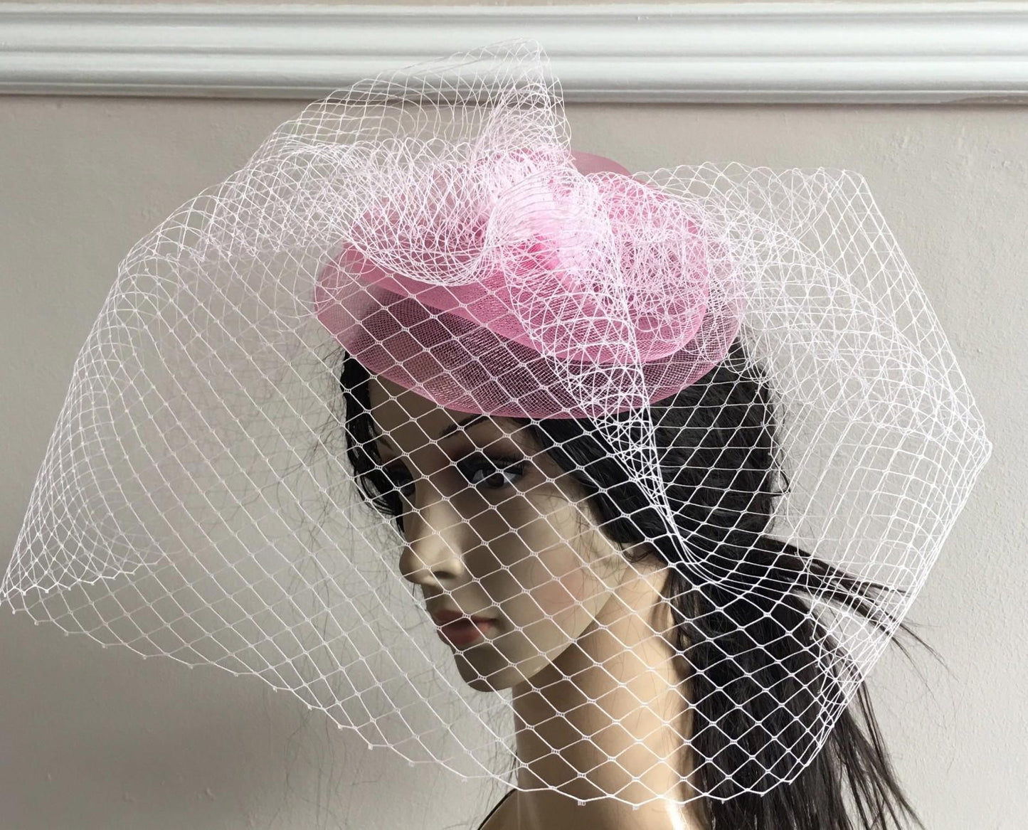 baby pink french veil veiling fascinator wedding bridal hair clip hat race ascot