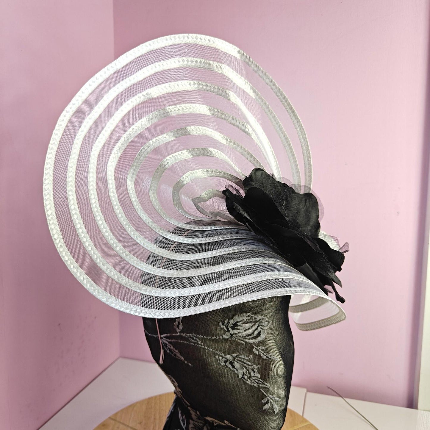 white black flower fascinator millinery wedding hat Kentucky Derby Royal Ascot