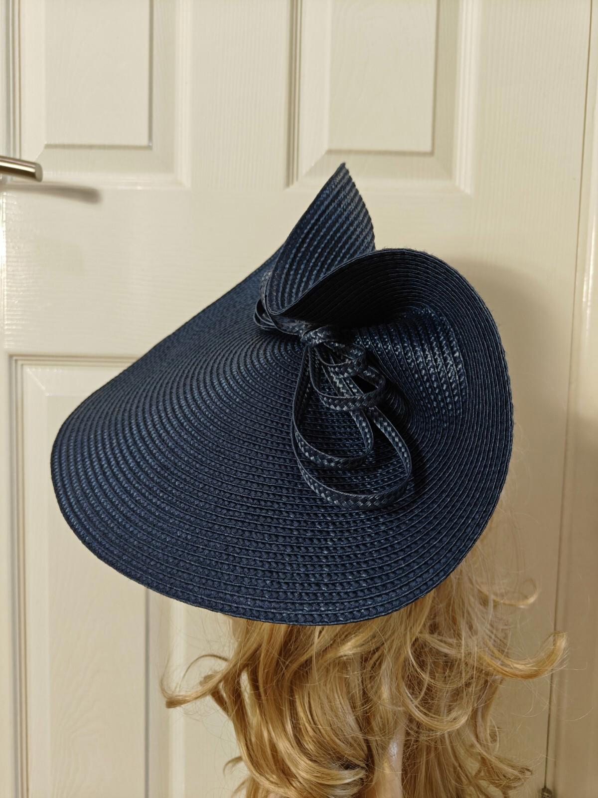 Navy blue large straw fascinator millinery burlesque headband wedding hat