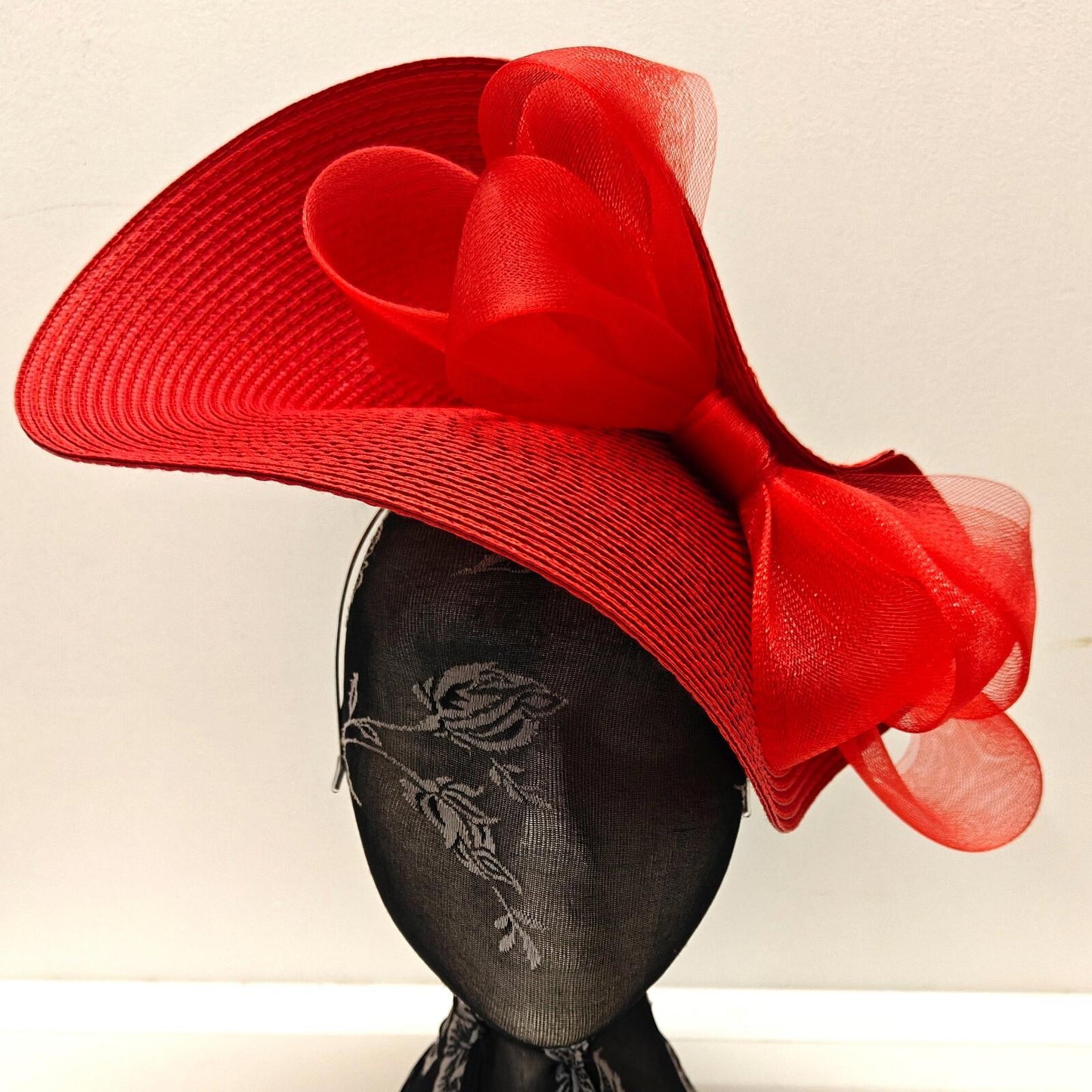 red large straw fascinator millinery burlesque headband wedding hat bow