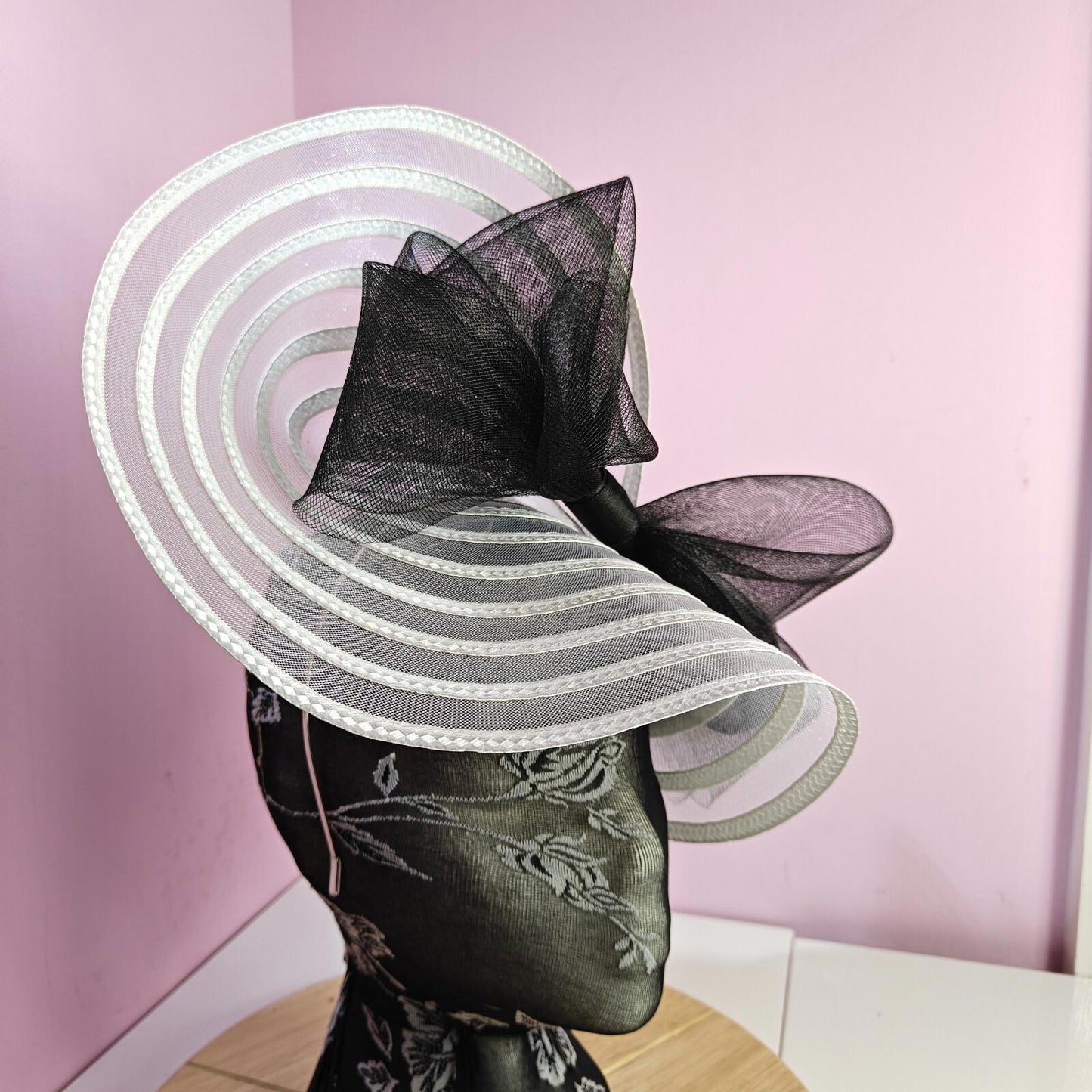white black bow fascinator millinery wedding hat Kentucky Derby Royal Ascot