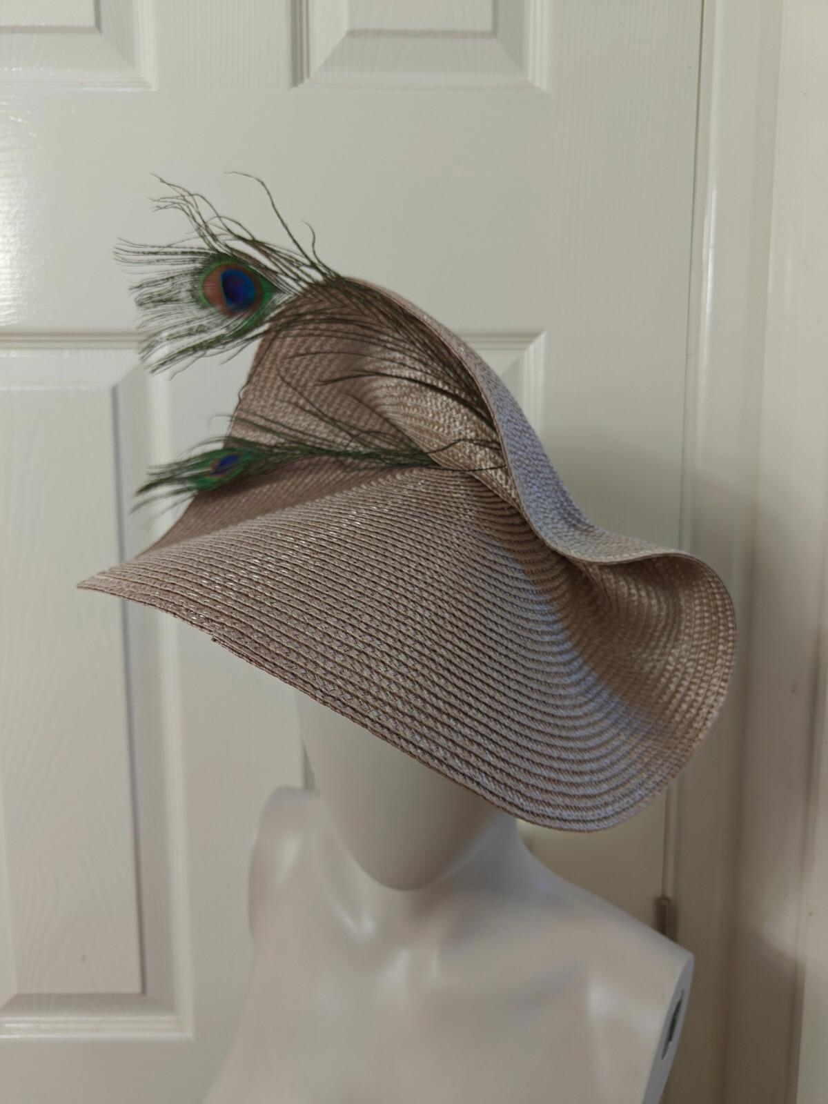 beige large straw fascinator peacock feather millinery headband wedding hat