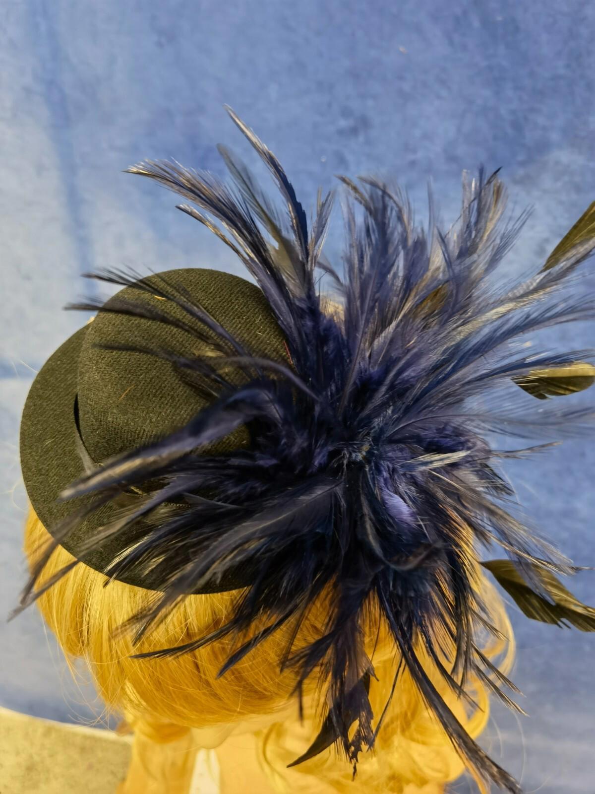 Navy black feather mini top hat fascinator millinery burlesque wedding 1