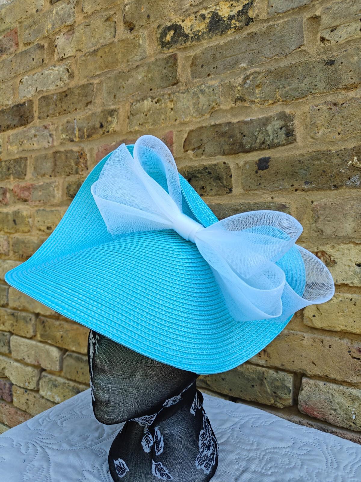 turquoise white large straw fascinator millinery headband wedding hat ascot
