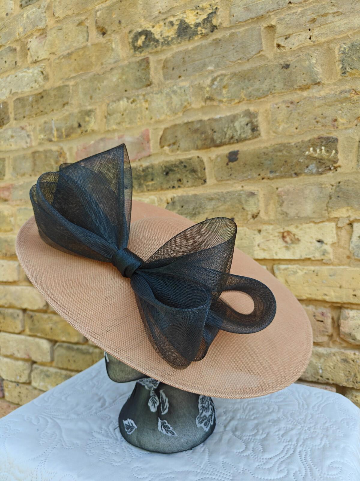 beige black large fascinator wedding hat Kentucky Derby Royal Ascot bow