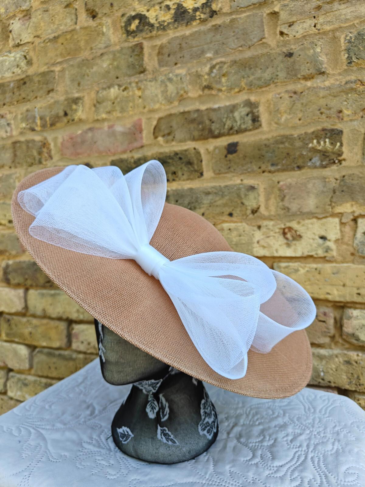 beige white large fascinator wedding hat Kentucky Derby Royal Ascot bow