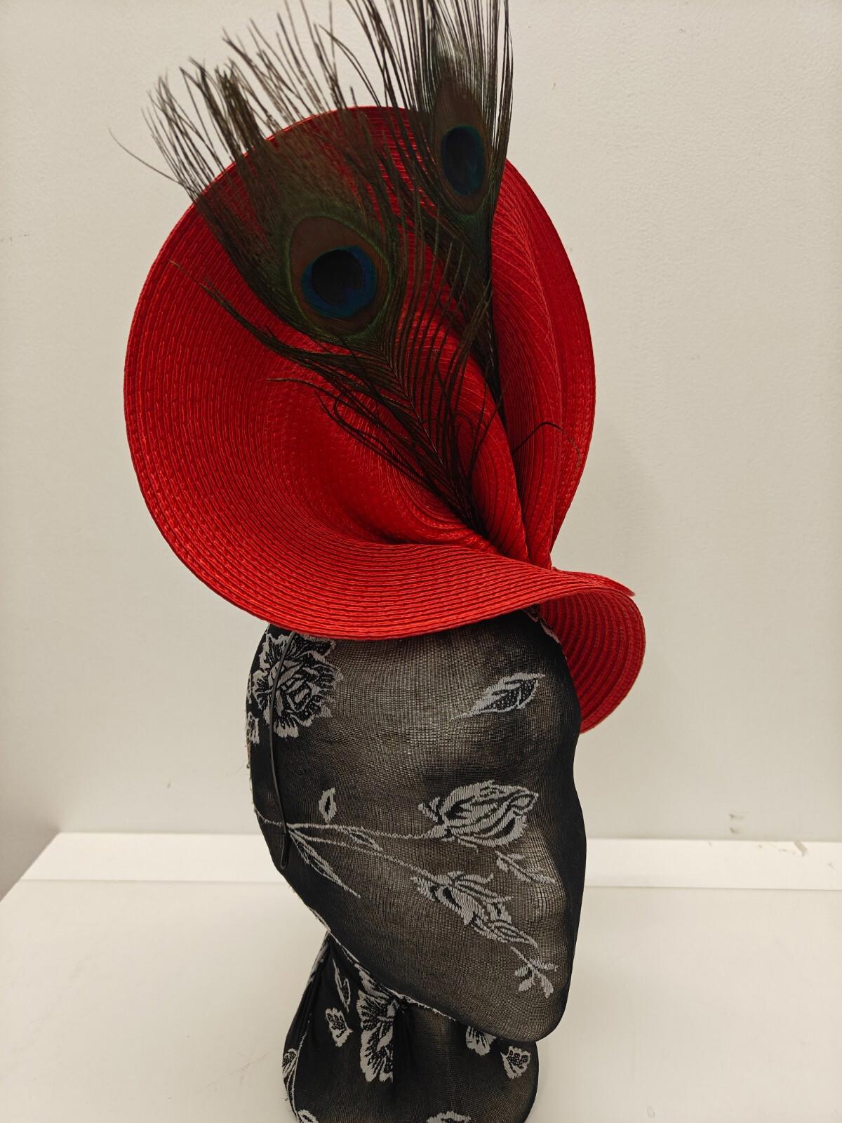 red large straw fascinator peacock feather millinery headband wedding hat