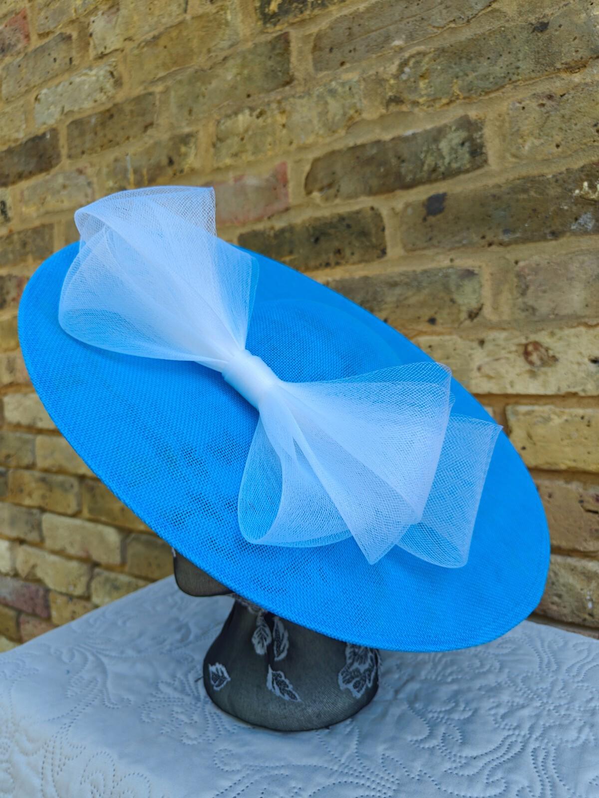 turquoise white large fascinator wedding hat Kentucky Derby Royal Ascot bow