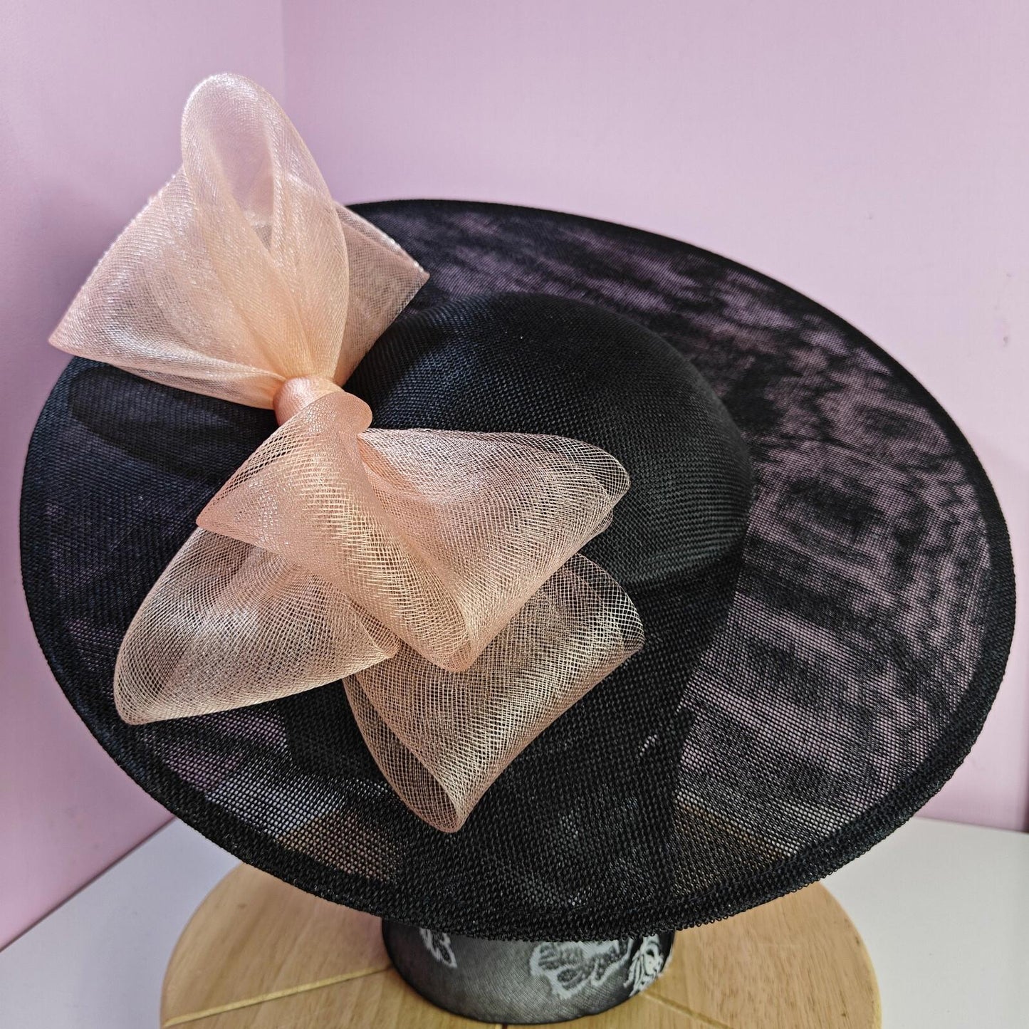 black peach large fascinator wedding hat Kentucky Derby Royal Ascot bow