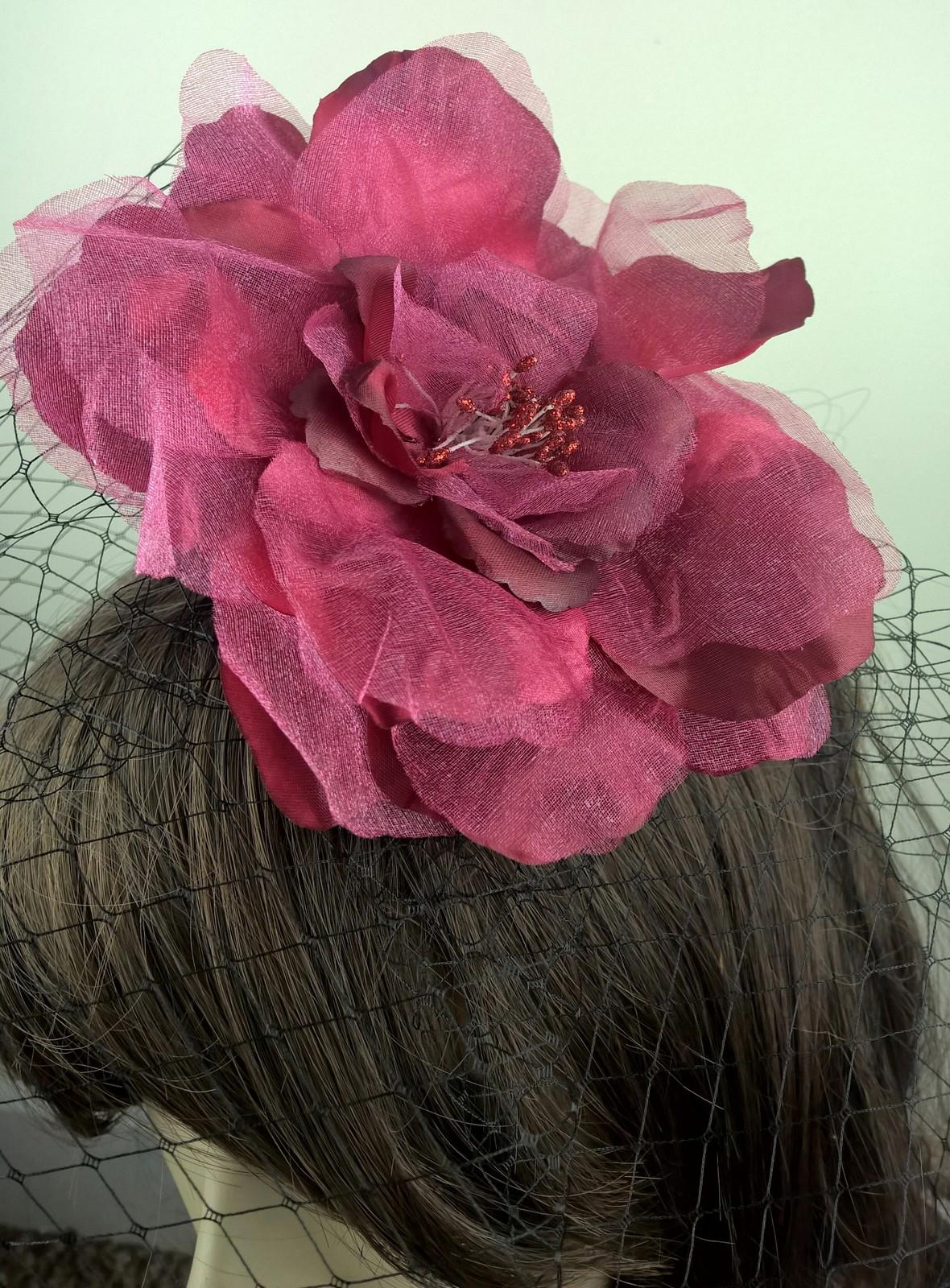 red satin flower black veiling fascinator hair clip ascot wedding bridal x