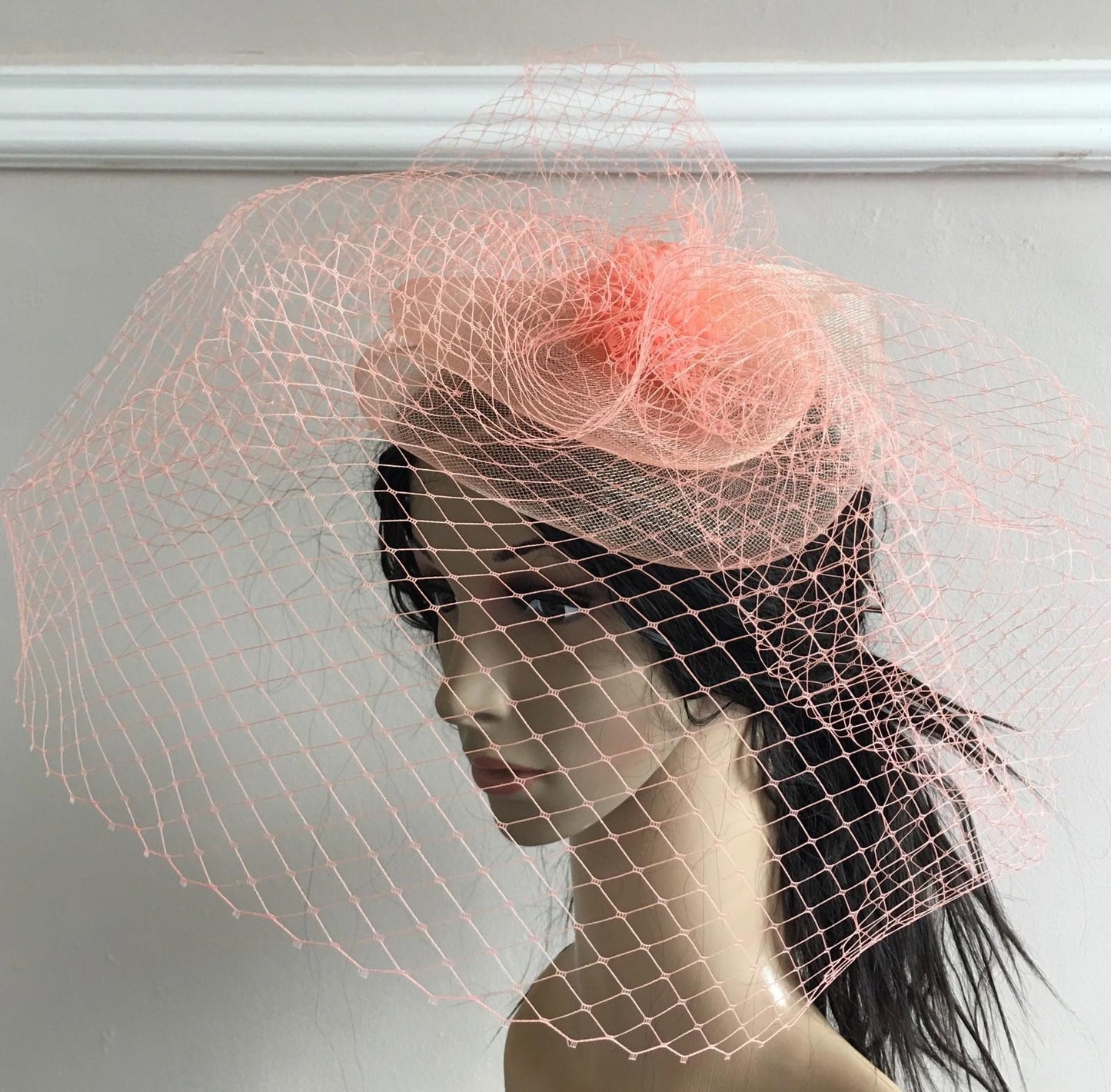 coral peach french veil veiling fascinator wedding bridal hair clip hat race