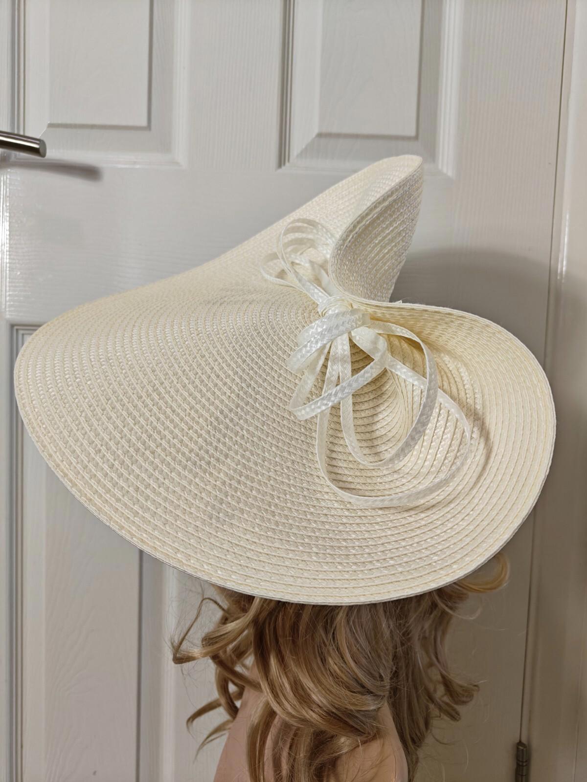 Ivory white large straw fascinator millinery burlesque headband wedding hat