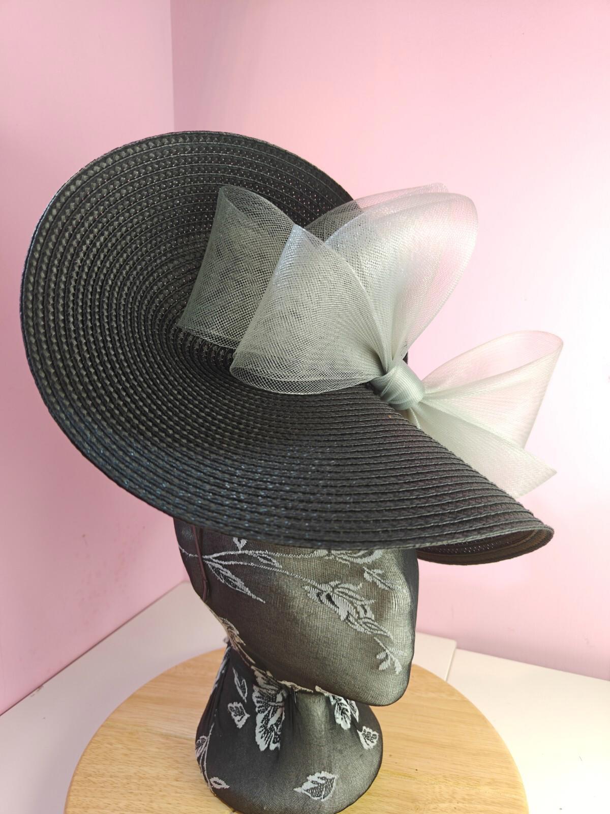 black grey large straw fascinator wedding hat Kentucky Derby Royal Ascot
