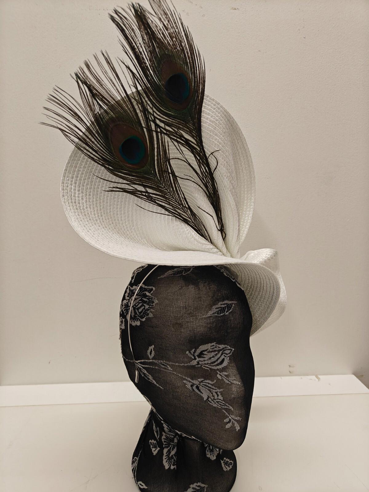 white large straw fascinator peacock feather millinery headband wedding hat