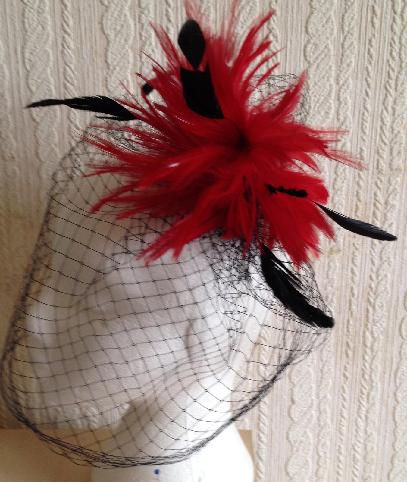 red feather black veiling fascinator millinery hair clip ascot wedding bridal