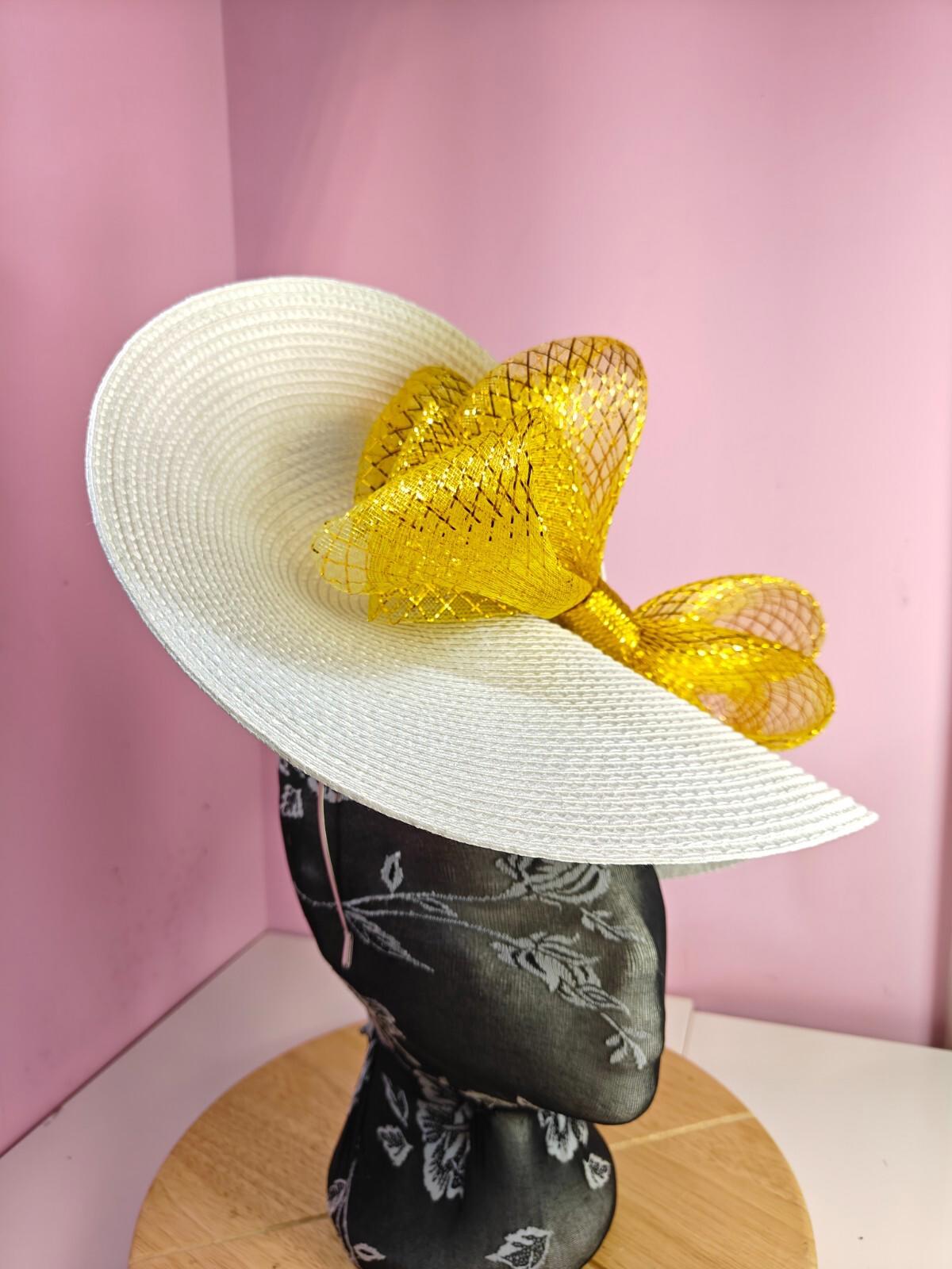 white gold large straw fascinator wedding hat Kentucky Derby Royal Ascot