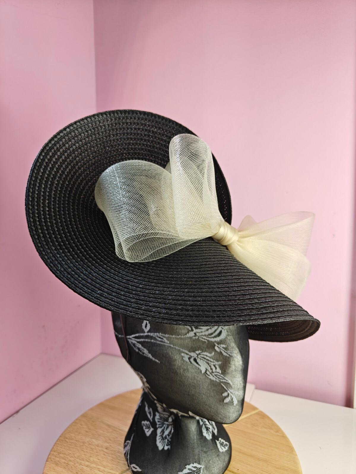 black cream large straw fascinator wedding hat Kentucky Derby Royal Ascot