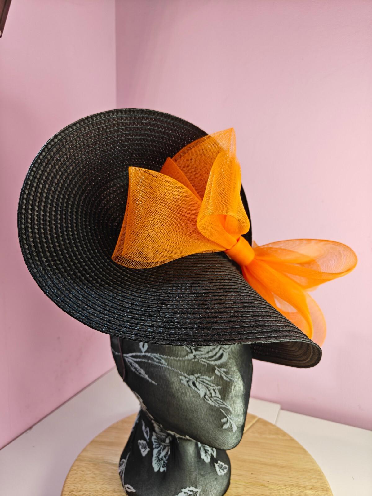 black orange large straw fascinator wedding hat Kentucky Derby Royal Ascot