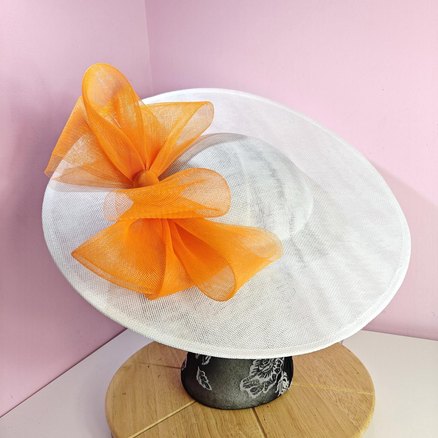 white orange large fascinator wedding hat Kentucky Derby Royal Ascot bow