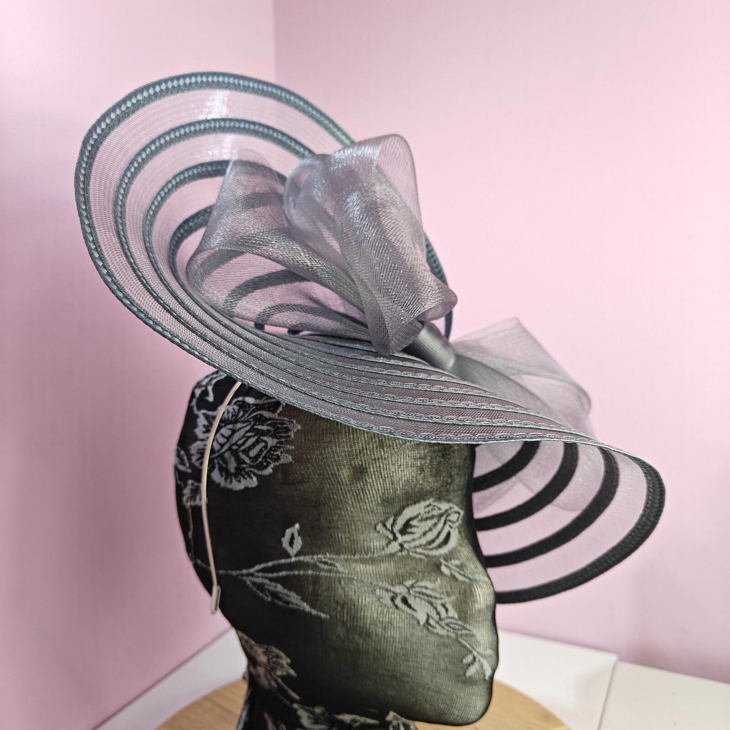 grey bow fascinator millinery wedding hat Kentucky Derby Royal Ascot