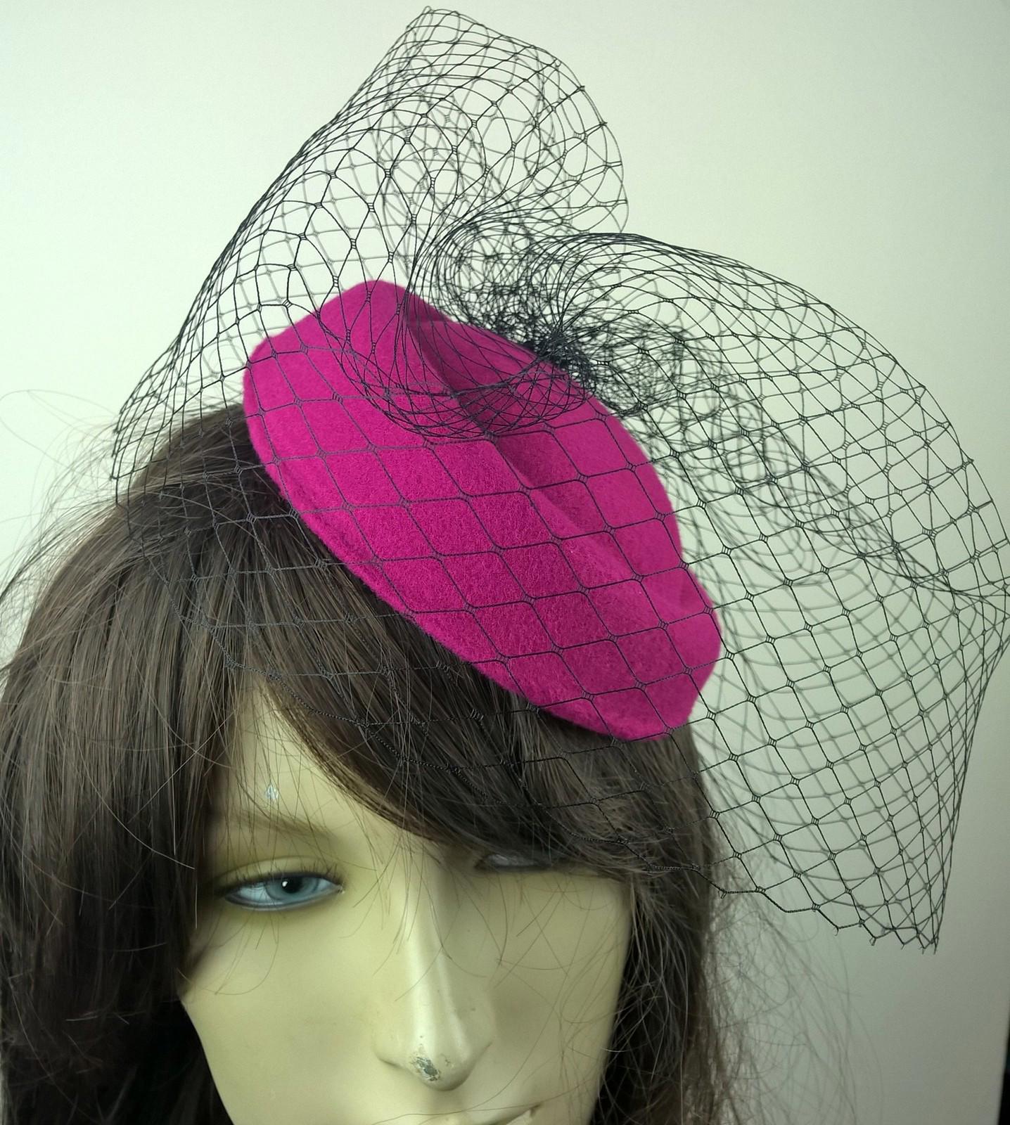 hot pink felt mini pill box hat black veiling french veil fascinator wedding