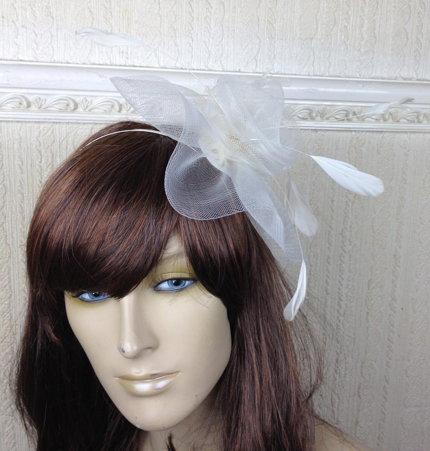 ivory netting feather hair headband fascinator millinery wedding hat ascot race