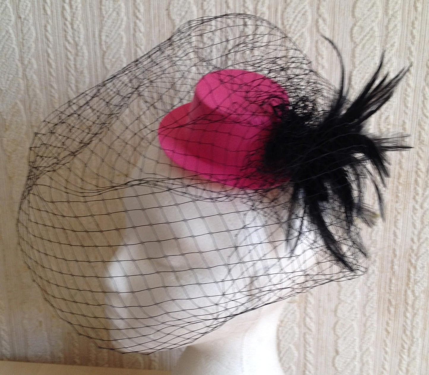 black veiling feather pink mini top hat fascinator millinery burlesque wedding 1