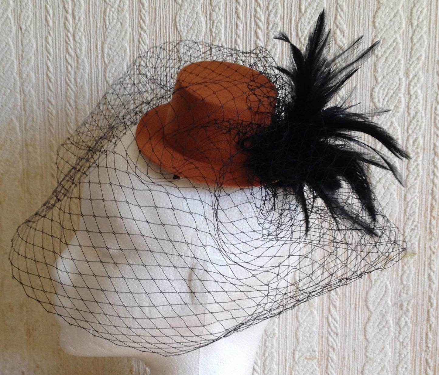 black veiling feather brown mini top hat fascinator millinery burlesque