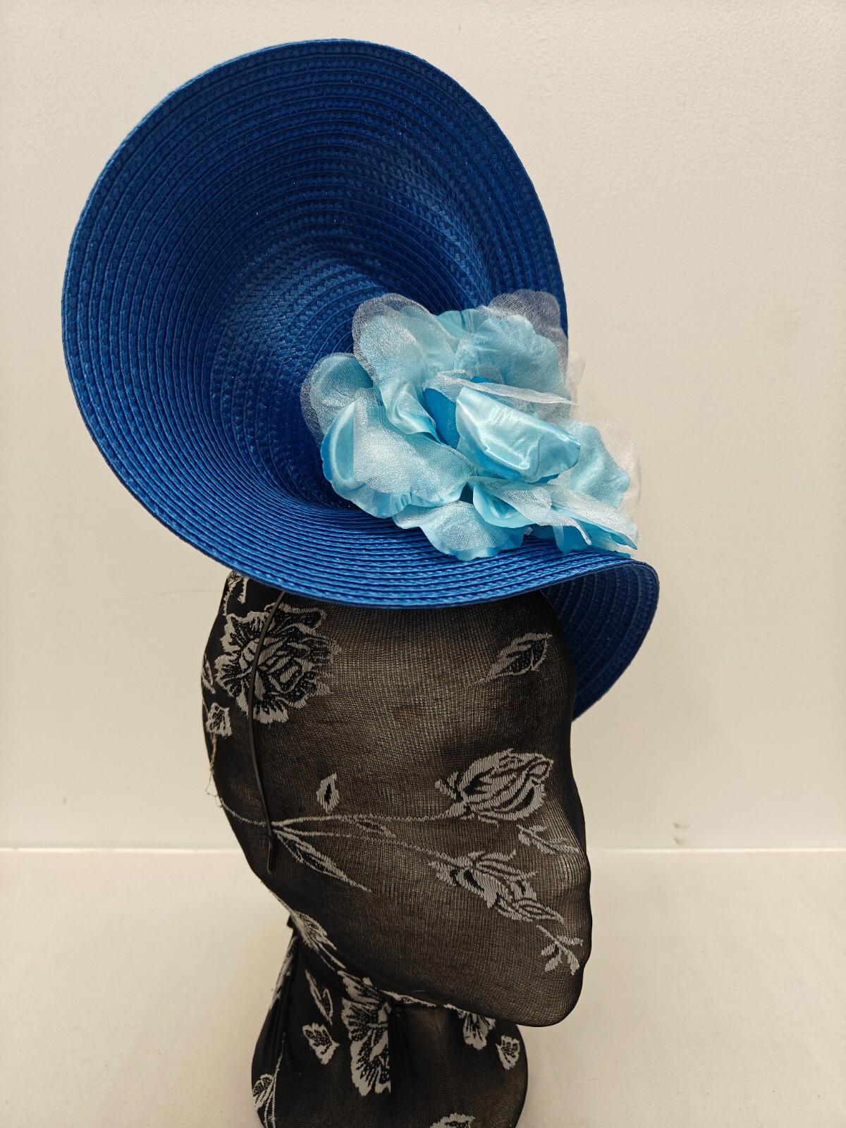 blue flower large straw fascinator millinery burlesque headband wedding hat