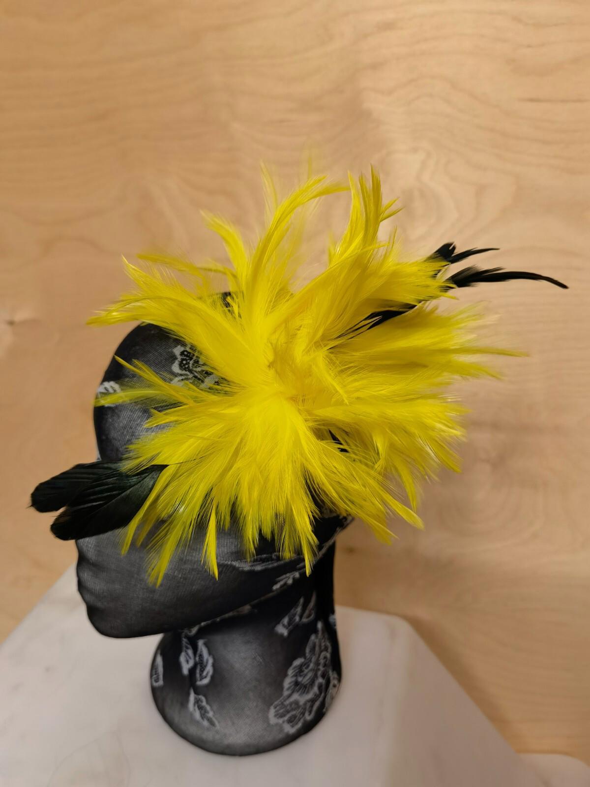 yellow fascinator millinery feather brooch clip hat hair piece party