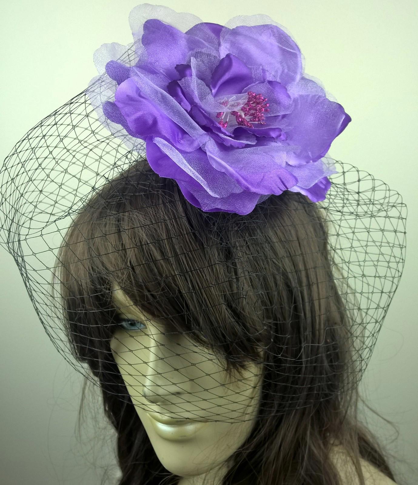purple satin flower black veiling fascinator hair clip ascot wedding bridal