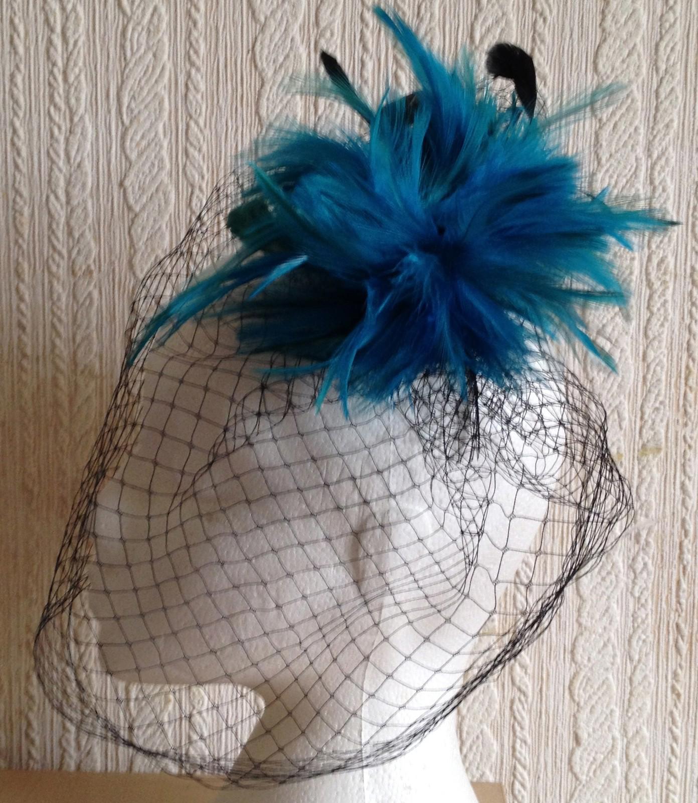 turquoise feather black veiling fascinator millinery hair clip wedding bridal x