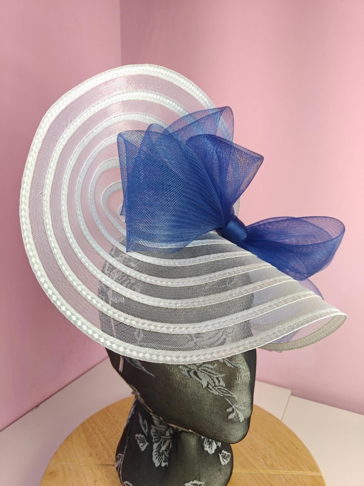 white blue bow fascinator millinery wedding hat Kentucky Derby Royal Ascot