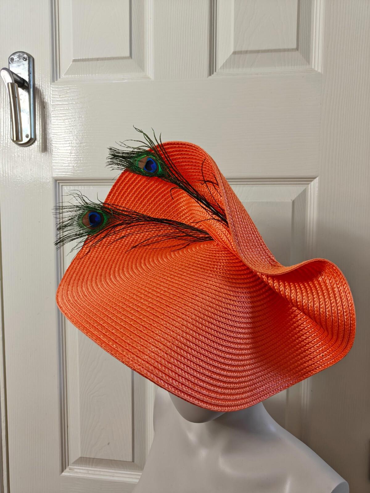 orange large straw fascinator peacock feather millinery headband wedding hat