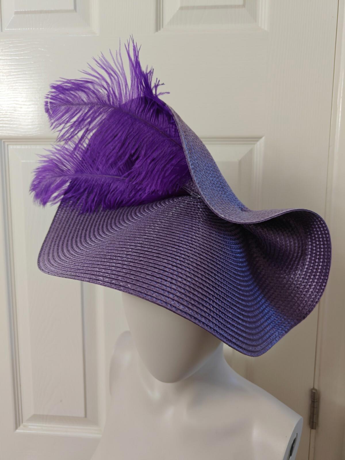 purple large straw fascinator ostrich feather millinery headband wedding hat