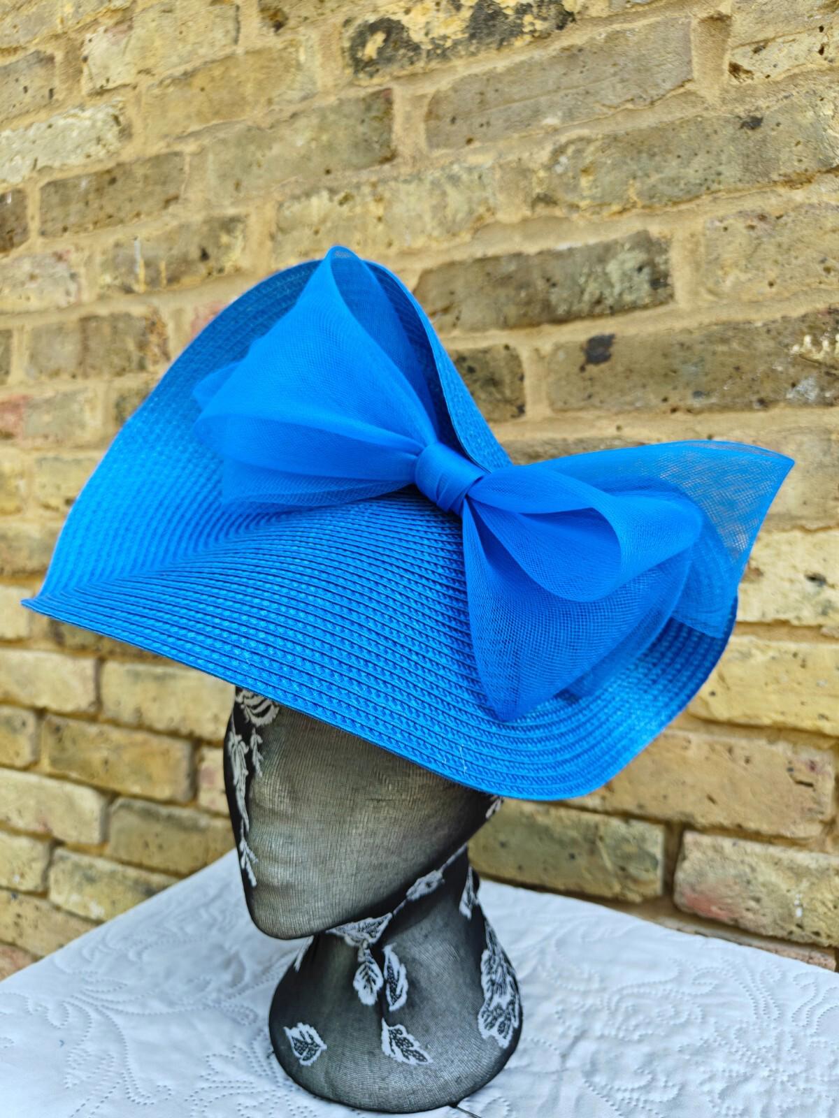 blue large straw fascinator millinery headband wedding hat ascot